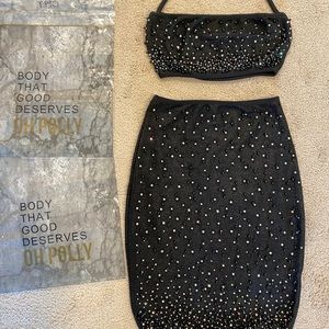Oh Polly Black Pearl Rhinestone Crop Skirt Set